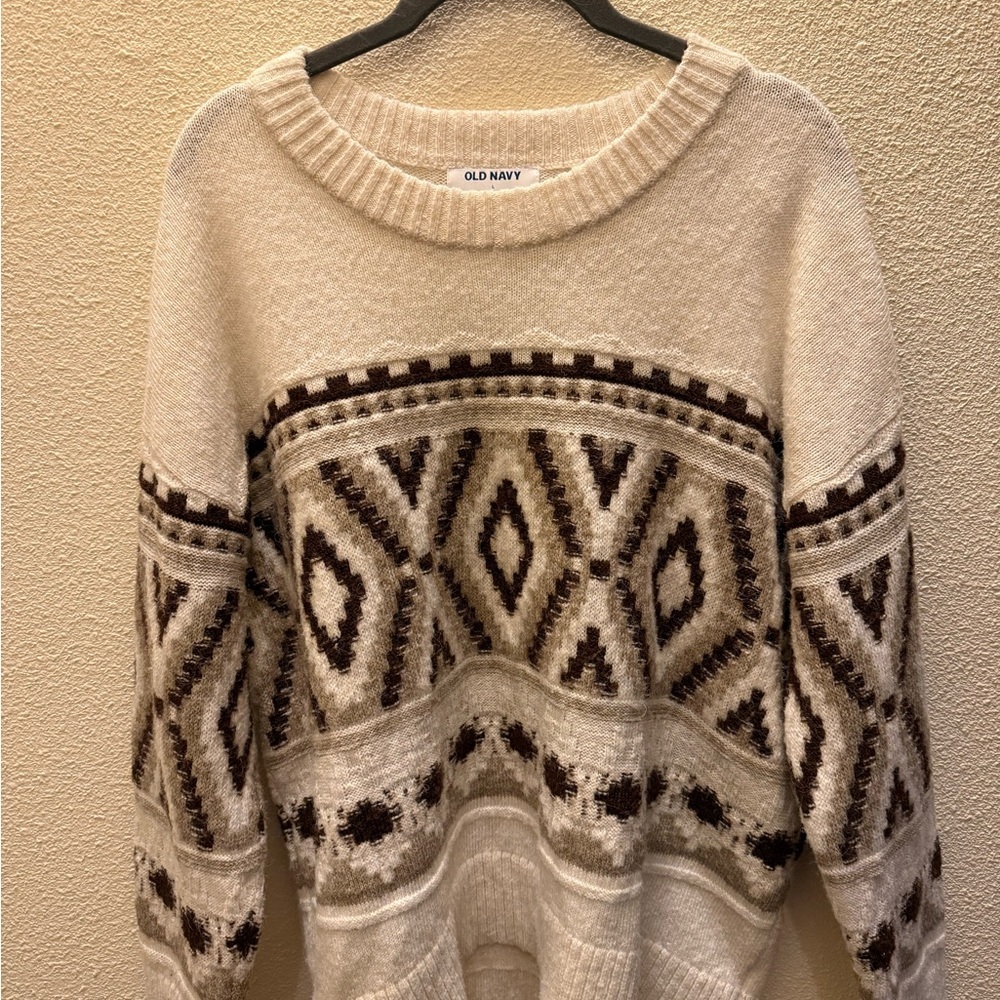 Old Navy Cream and Brown Geometric Crew Neck Sweater